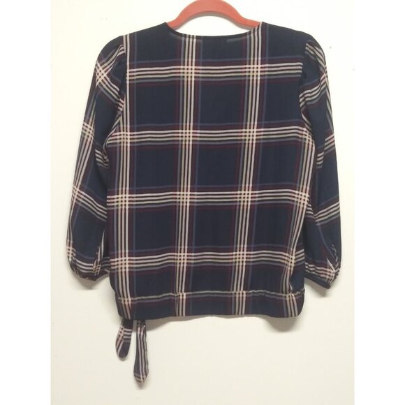 Loft Blouse Top Size S/P Faux Wrap, side bow Blue red Plaid Nova Check 3/4 Sleev - Picture 6 of 10